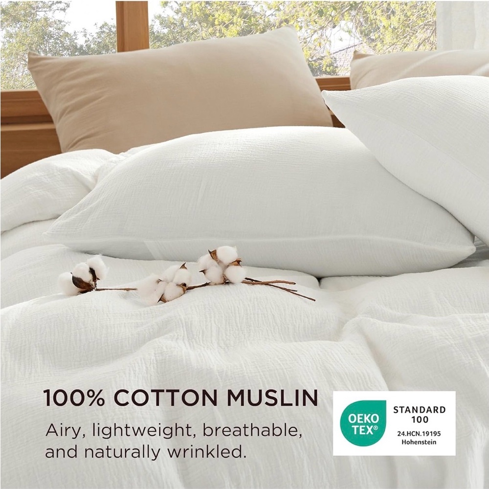 NIP Bedsure 100% Muslin Cotton Duvet Cover,Queen,White,Breathable,Lightweight - Picture 3 of 12